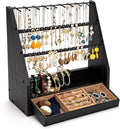 DGWJSU Earring Organizer, 5 Layer Earring Holder Organizer with Necklace Holder, Rustic Wood Jewelry Organizer Stand Display for Stud Earring Bracelet Necklace Ring, Watches