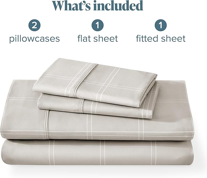 Bare Home Full Sheet Set - Luxury 1800 Ultra- Soft Double Brushed Microfiber - Deep Pockets - Easy Fit - 4 Piece Bedding Sheet Set (Full, Modern Plaid - Stone/White)
