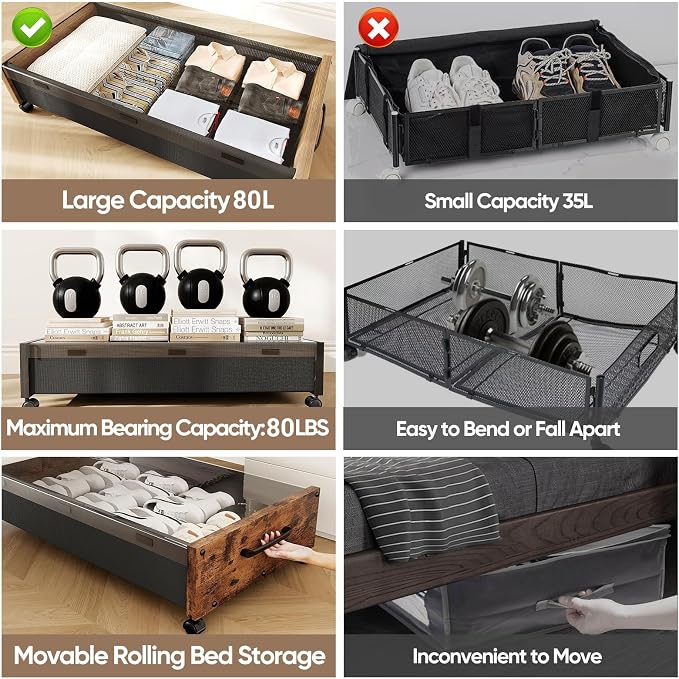 Under Bed Storage with Wheels, 2 Packs Wooden Storage Containers Extra Large Underbed Shoes Organizer, Rolling Under Bed Storage Drawers with Clear Lid, Heavy Duty for Clothes Toys 36"L (Black)