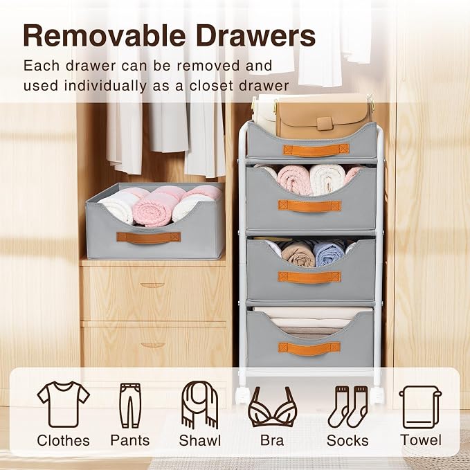 DIMJ Clothes Drawer 4 Tier - Fabric Closet Drawer System Rolling, Portable Closet Drawers for Clothes with Wheels, Small Closet Organizer & Replacement Drawers for Bedrooms, Office, Nursery, Grey