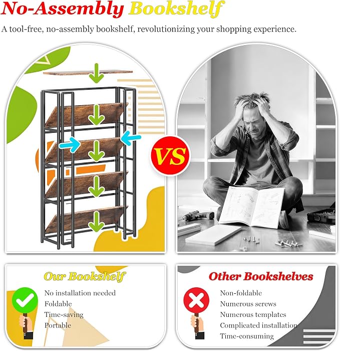 UDD 5 Tier Wide Folding Bookshelf No Tools Assembly, 45" H x 30.9" W, Foldable Book Shelf Vintage Collapsible Bookcase, Industrial Storage Shelves for Bedroom Office Living Room, Rustic Brown Black