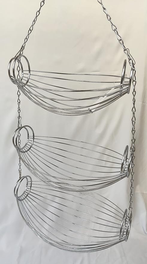 3 Tier Fruit Bowl Fruit Basket for Kitchen, Hanging Kitchen Storage Organizer, Detachable Design Chrome Wire with Metal Ceiling Hook Multipurpose Countertop Organizer for Vegetables Fruits Plants