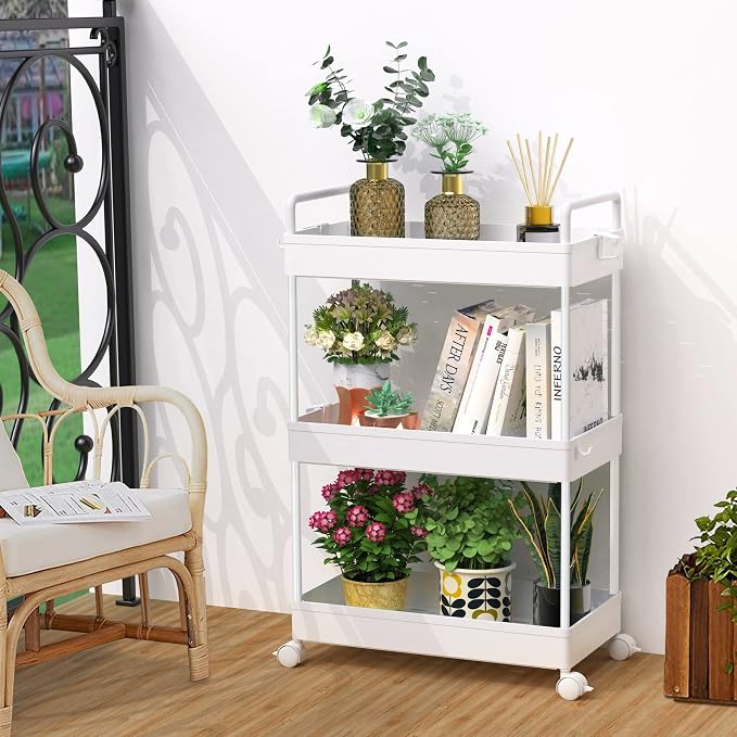 SOLEJAZZ 3 Tier Slim Rolling Storage Cart Organizer with Wheels, White | Utility cart for bathroom, laundry, bedside, dorm&narrow spaces. Fits craft, nail, makeup, snack, art, diaper&baby essentials