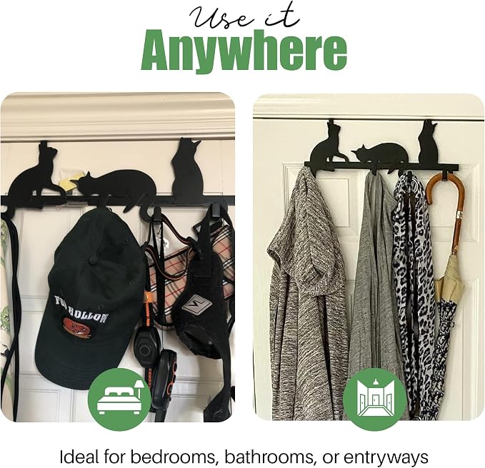 Evelots Over The Door 4 Hook Towel/Coat Rack Hanger Organizer, Kitty Cat Design-Easy No Tool Installation-Black Iron-Holds 20 lbs.