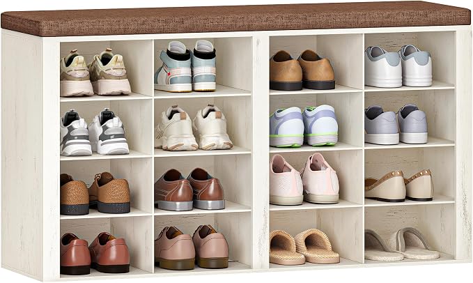Hzuaneri Shoe Storage Bench, Entryway Shoe Rack with Cushion and Cubbies | entryway shoe rack bench cabinet with 16 cubbies and adjustable shelves for bedroom, living room, Rustic White SB25614KA