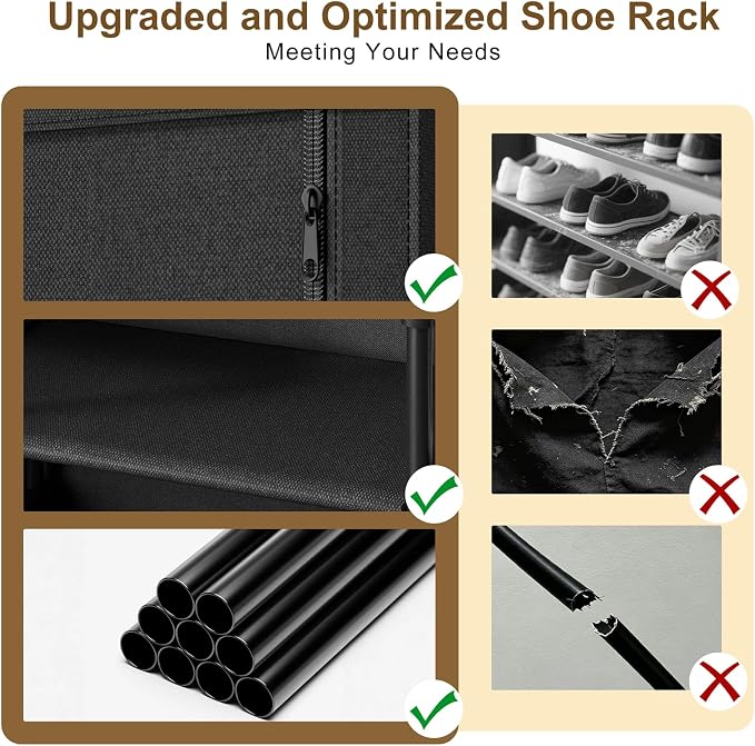 9 Tier Shoe Rack with Cover, Cabinet for 55 Pairs, Black | Large family capacity for boots/heels/sneakers. Reinforced stability. Slim footprint, corner-friendly. Quick no-tool setup.