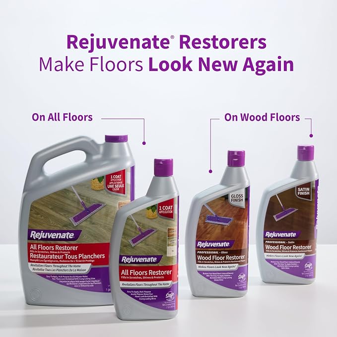 Rejuvenate Professional Wood Floor Restorer Fills Scratches, Seals And Protects Wood Flooring For A Matte Satin Finish, 1 Gallon | 1-Coat Application Fills Scratches, Shines & Protects Hardwood Floors, Leaves A Satin Finish, Safe For Pets & Kids