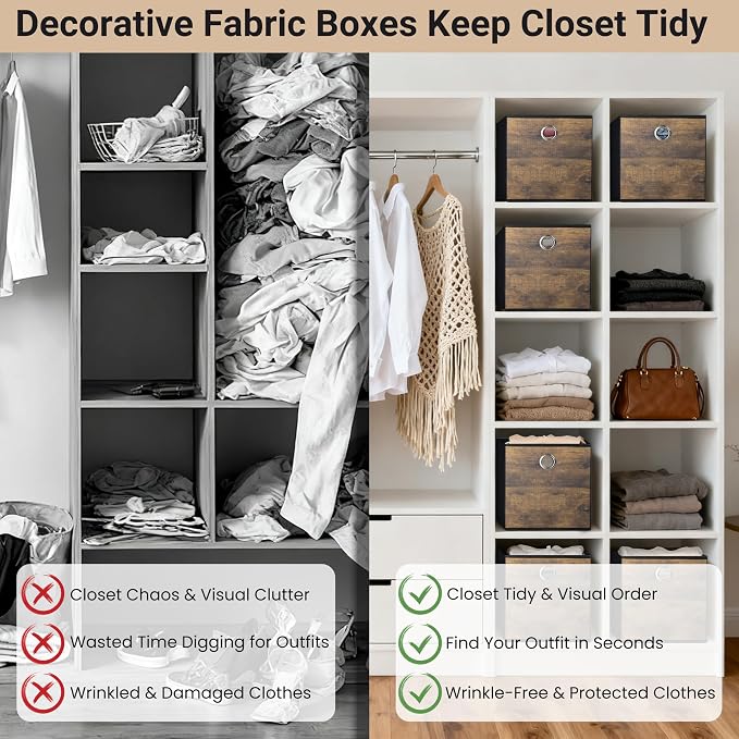 6-Pack Durable Cube Storage Bin with Decorative Wood Grain,Thickened Fabric Storage Basket Space-saving Cubby Boxes for Shelves,Closet,Bedroom,Office,Nursery,Dorm,RV, 12x12x12in (Medium
