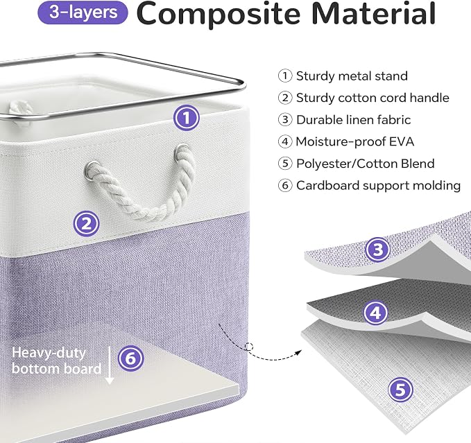 13 x 13 Inch Cube Storage Bins, 6 Pack Fabric Storage Basket with Handles, Foldable Boxes Organizer for Shelf Baskets for Home, Clothes (White/Purple)