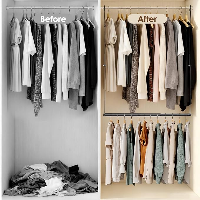 Hanging Closet Rod, Hanging Clothes Organizer, Adjustable, 2 Pack | Metal, Black, Heavy Duty, Space-Saving, Double