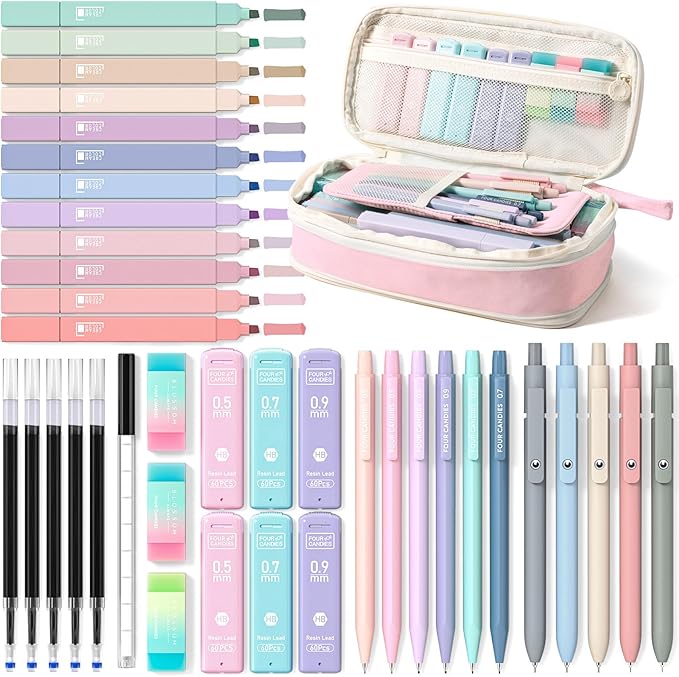 Four Candies 39 PCS Aesthetic School Supplies with Cute Pen Case, 12 Pastel Highlighters, 5 Black Ink Gel Pens, 6 Mechanical Pencils Set for Students Stationary College Essentials (Pink)