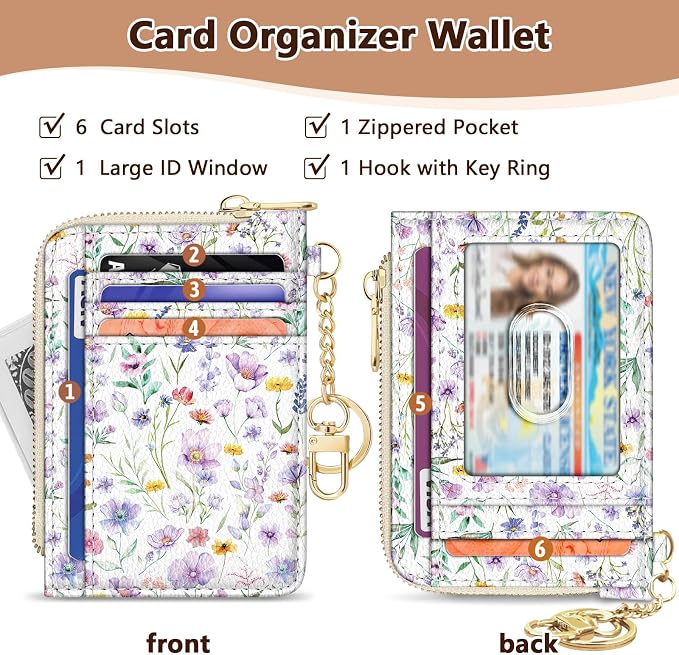 GIANCOMICS Slim Wallet Credit Card Holder Women, Purple Flower Rfid Blocking Small Card Case, Keychain Thin Pocket Curved Zipper Wallet, Travel Card Holder PU Leather ID Window, Ladies Female Gifts