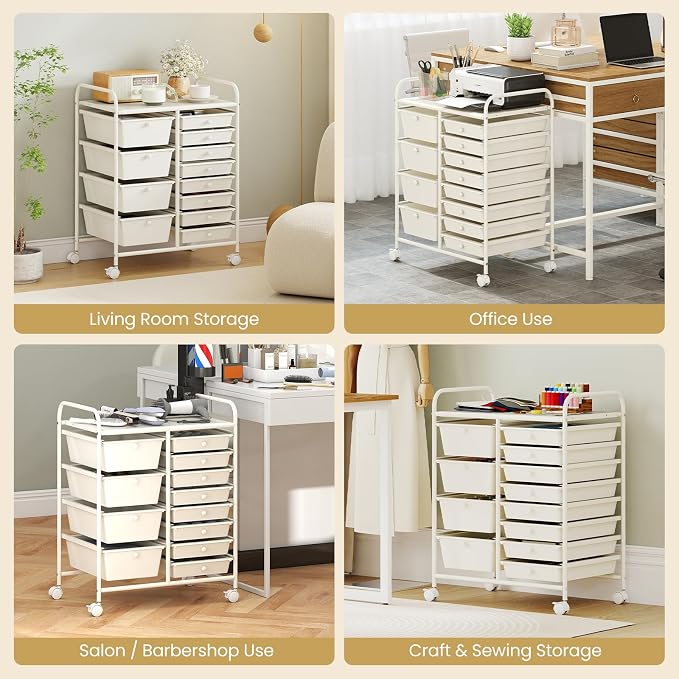 COSTWAY 12 Drawer Rolling Storage Cart, Utility Cart with Metal Frame | Mobile Art Supply Craft Organizer, Multipurpose Storage Organizer for Paper, Office, School Teacher, Classroom, White