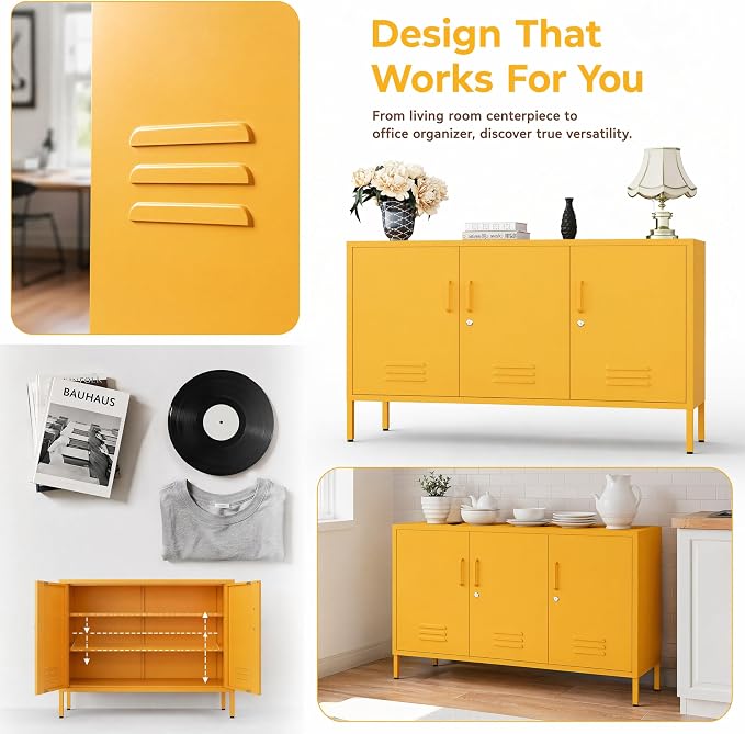 Yellow Wide Metal Storage Cabinet, 32" H Heavy Duty Steel Locker with Lock, 2 Adjustable Shelves & Ventilated Doors for Home Office Kitchen Living Room