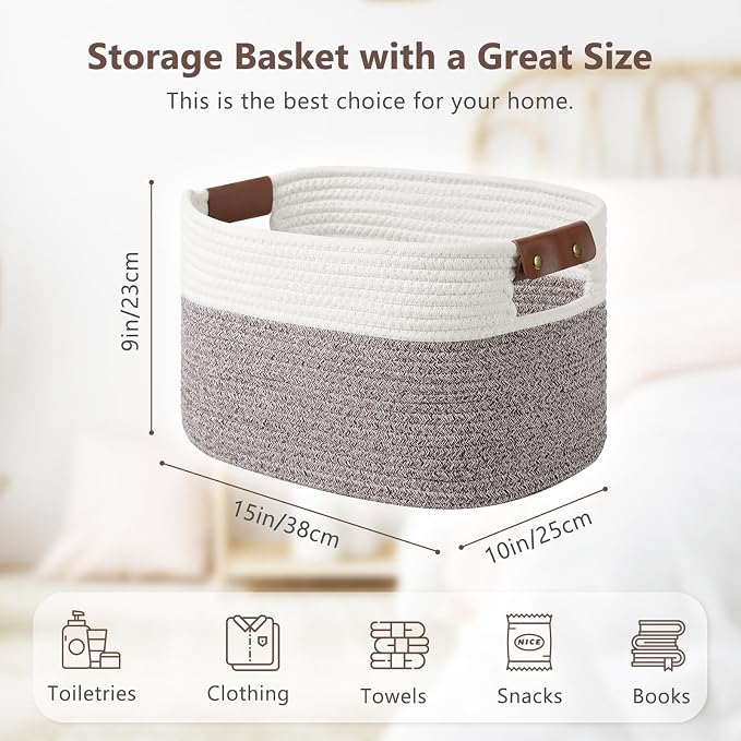 ECDYQXVU 15x10x9 Woven Cotton Rope Storage Basket, Leather Handles 3 Pack | Foldable Design, Sturdy PU Handles, Easy to Clean Organizer for Living Room, Closet, Shelves, Bedroom, Laundry, Clothes