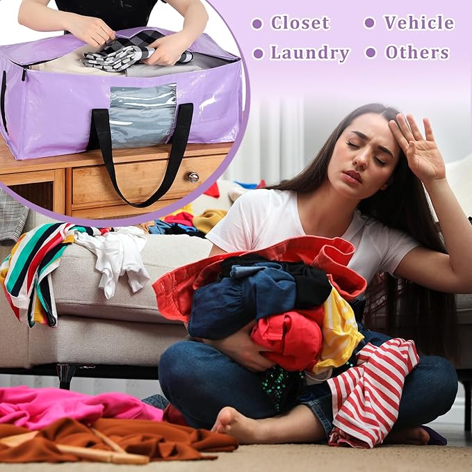 6 Pack Heavy Duty Extra Large Dorm Moving Bags with Visible Window and Reinforced Handles Heavy Duty Storage Tote for Space Saving Moving Supplies Clothes College Students(Purple)