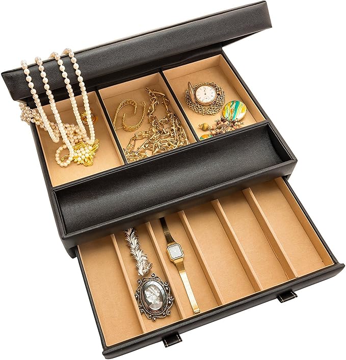 Stock Your Home Mens Valet Tray, Men's Jewelry Box, Night Stand Organizers and Storage, Bedside Table Organizer, Watch Box for Dresser, Faux Leather (Black & Beige)