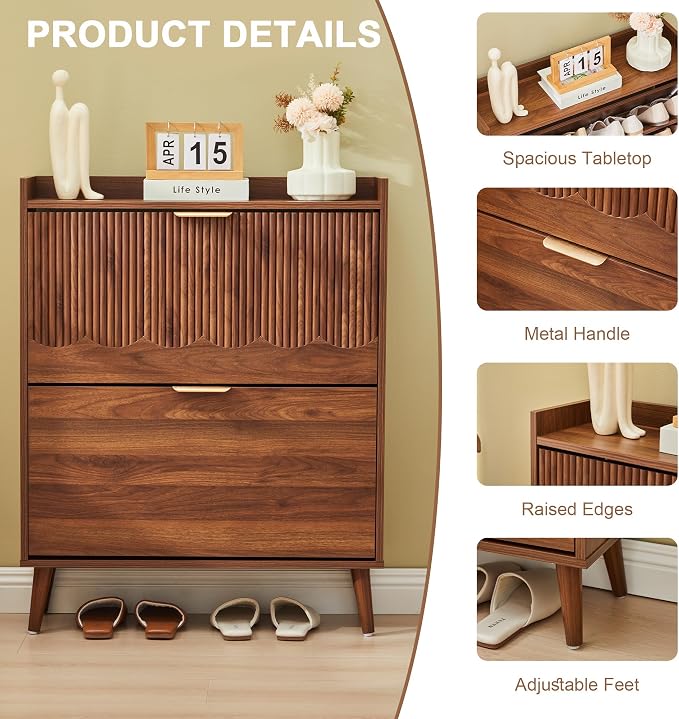 BERRYMERRY 30" Narrow Shoe Storage Cabinet with 2 Flip Drawers and Wave Fluted Design for Hallway Entryway Living Room Foyer (Fluted Walnut 2 Drawer)