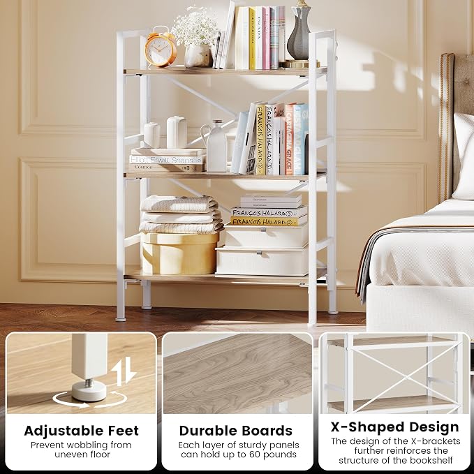 Homeiju Folding Bookshelf No Assembly, 3 Tier Bookcase Foldable Shelf with X-Bracket Design, Adjustable Feet, Space Saving Storage for Living Room, Office (Light Coffee)