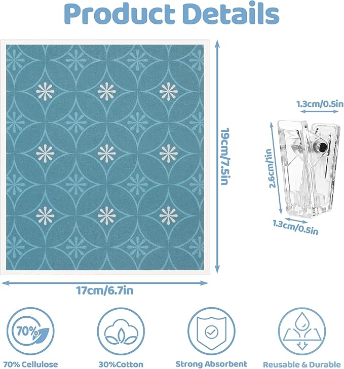 Needbrock 6 Pack Swedish Dishcloths for Kitchen, Geometric Pattern Swedish Rags Dish Towels with Clips, Reusable Paper Towels Washable Absorbent for Home Housewarming Cleaning Gifts for Mom