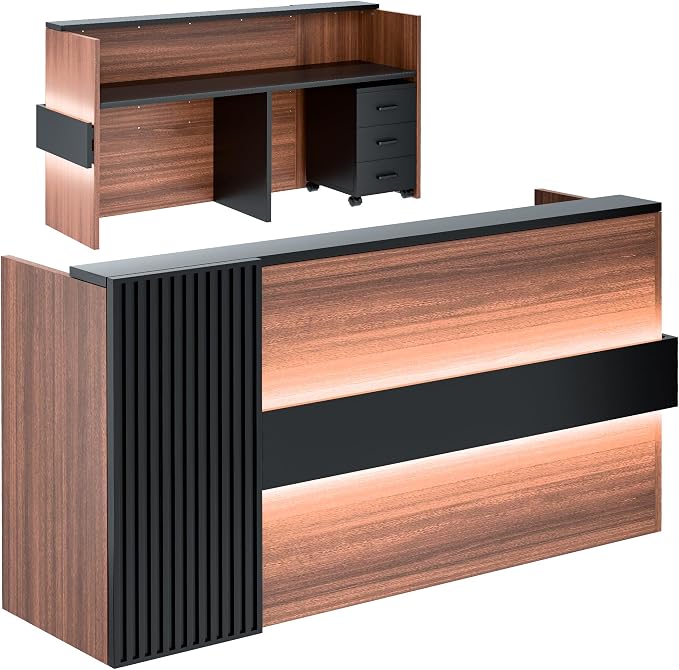 Ceridwen L‑Shaped Reception Desk with LED Ambient Lights & Mobile File Cabinet, Modern Black & Brown Front Desk Reception Counter with Lockable Drawers for Office, Salon & Retail