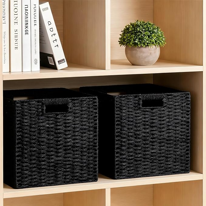UBBCARE 2 Pack Wicker Basket, 11L×11H×10.5W inch Woven Paper Rope Storage Baskets for Shelves, Foldable Cube Storage bin with Handle, Storage Basket for Organizing & Decor, Black