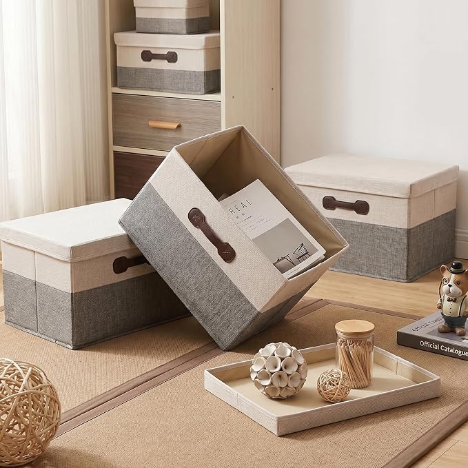 Foldable Storage Bins with Lids 2 Pack Large Storage Baskets with Lids Foldable Fabric Basket for Clothes Towels Books Organizer Home Decor White and Gray 15.7x11.8x9.8 Inch