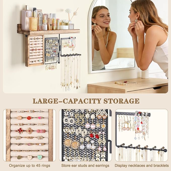 SOLIMINTR Hanging Jewelry Organizer Wall Mount with Rustic Wood Shelf, Ring Display Box, Ear Studs Earring Holder, Rotating Necklace Holder Organizer
