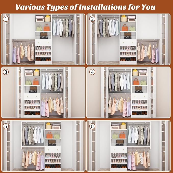 [10 FT Closet System] 120 Inch Reversible Set of 2 Wood Closet Organizer System with 2 Drawers, 4 Hanging Rods Adjustable Shelf, Walk In Closet Organizers with Shoe Rack, Garment Rack, White