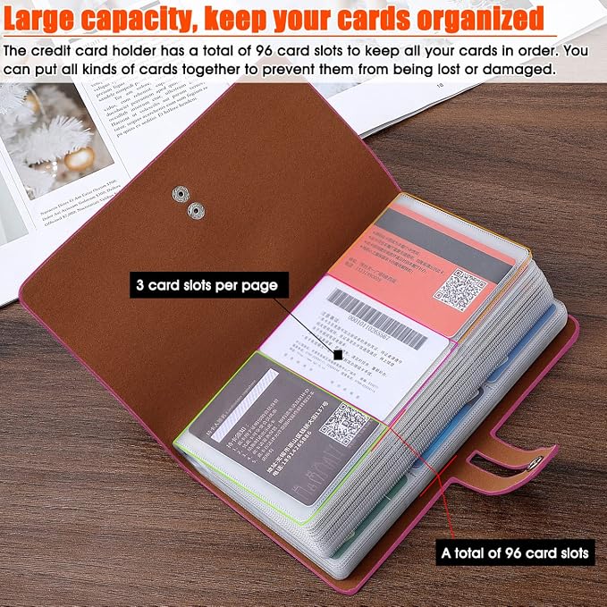 RFID Credit Card Holder, Leather Business Card Organizer with 96 Card Slots, Credit Card Case for Managing Your Different Cards and Important Documents to Prevent Loss or Damage (Rose Red)