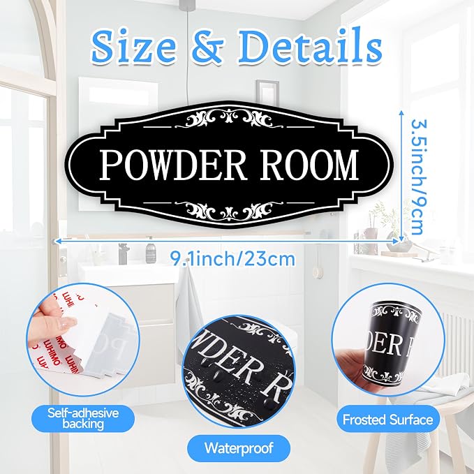 Powder Room Sign Sticker for Business and Home，Self-adhesive Cute Powder Room Door Decor，Waterproof Guest Bathroom Decals for House，Office，Shop