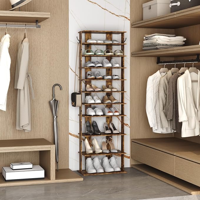 HOMEFORT 10-Tier Vertical Shoe Rack, Corner Shoe Tower, Double Rows 10 Tiers Shoe Shelf, Slim Shoe Storage Unit for 20 Pairs of Shoes, Shoe Stand for Entryway, Hallway, Closet (Rustic Brown)