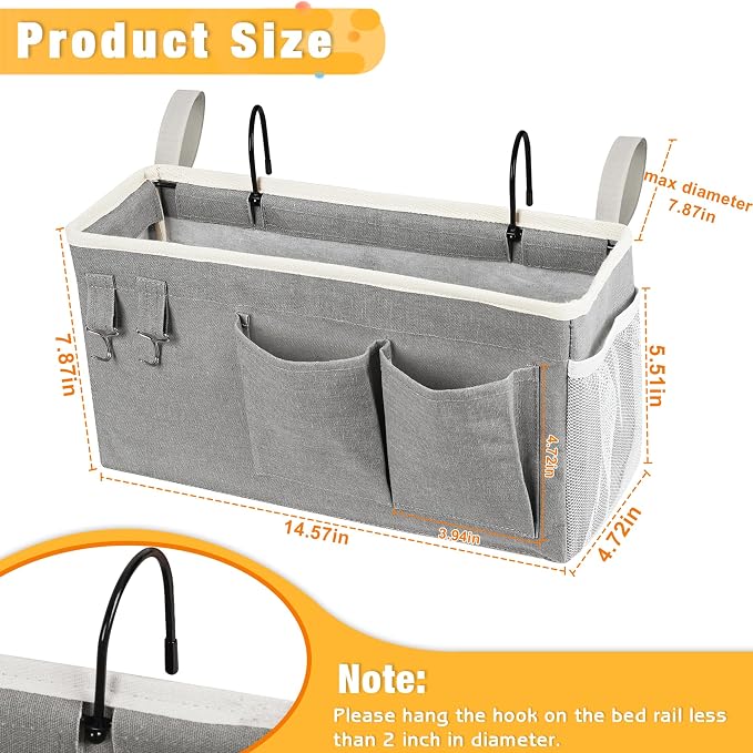 Lilithye Bedside Caddy Bedside Organizer Bedside Storage Caddy with Fixed Straps and Water Bottle Holder for Home College Dorm Bunk Bed Hospital Bed Crib Bed Rails (New Grey)