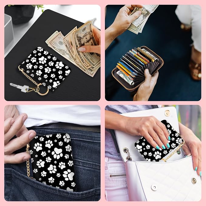 Blusabaca RFID Credit Card Holder Small Women Travel Wallet, Black Dog Paw | Removable Keychain, Case with Zipper, Vegan PU Leather, Cash Coin Pocket, Business Accordion Purse, Ladies Female Gift