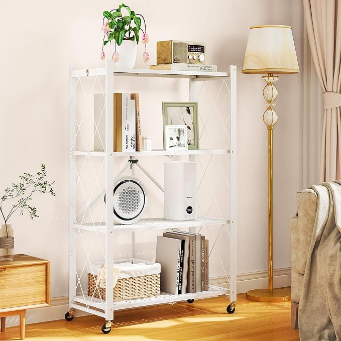 Fenbeli 4 Tier Folding Storage Shelf with Wheels, Heavy Duty Metal Shelving Unit No Assembly, Foldable Rolling Storage Rack 600 LBS Capacity, Locking Casters for Garage Kitchen Pantry(White, 4 Tier)