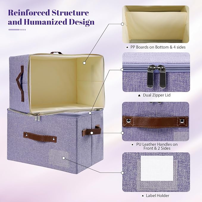 ANMINY Fabric Storage Box Bins with Zipper Lid, Washable Purple, 3PCS | Cotton Linen Fabric, PP Board Frame, Label Holder, Stackable & Foldable, PU Handles, Dual-Zipper 3-Side Open Lid, Large