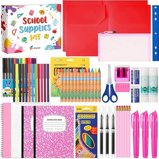 Gilprop 39 Pcs Back to School Supplies Essentials Bundle Include Pencils Scissors Ruler Eraser Crayon Sharpener Notebook Pencil Case Folder Notebook(Pink)