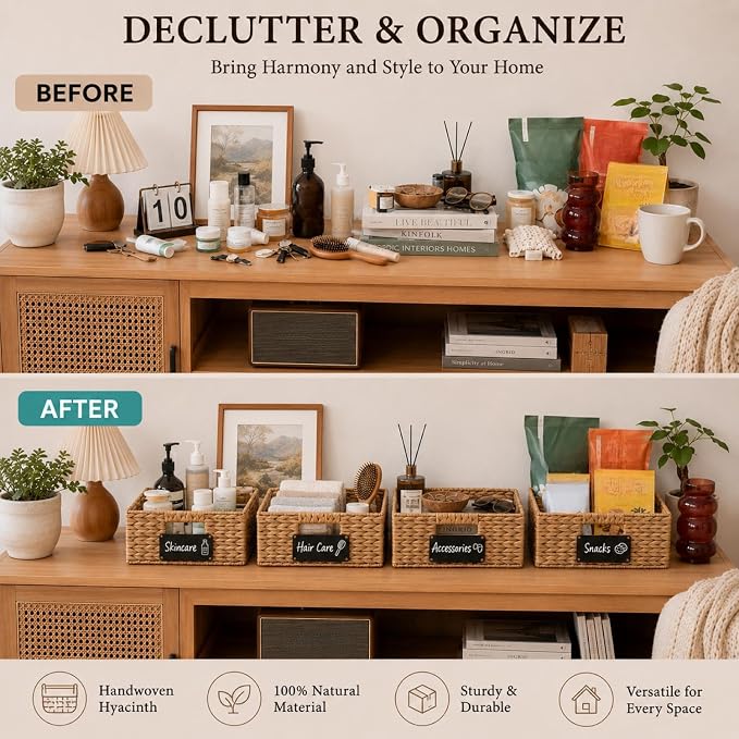 Nitial Wicker Storage Basket, Rectangular Water Hyacinth Storage Basket for Shelving, Foldable Woven Pantry Organizer with Chalkboard Label and Chalk Marker(16 x 12 x 5 Inch,Natural)