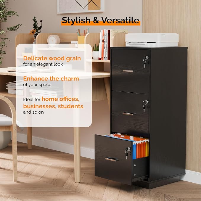 VINGLI 3 Drawer File Cabinet with Lock, Home Office Filing Organizer, for Letter Size File Folder Storage, Wood Tall Vertical Filing Cabinet, Printer Stand, Archivador (Black)