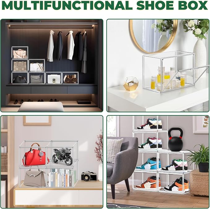 4 Pack X-Large Shoe Boxes Size 14, Clear Acrylic Handbag Storage Box Sneaker Display Case Shoes Containers with Magnetic Door Acrylic Display Case Organizer for Closet