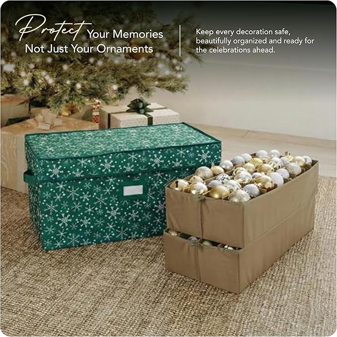 Covermates Keepsakes Adjustable Ornament Storage Box – Heavy-Duty Polyester, Padded Dividers & FlexGrid Trays – Protective Holiday Organizer with Stackable Walls & Label Window, Green Snowflake