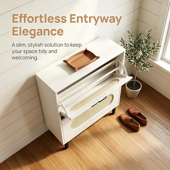 SUNCROWN 2 Flip Drawers Shoe Storage Cabinet, Freestanding Narrow Entryway Organizer, Natural Semi-Circular Rattan Doors, Adjustable Shelves & Anti-Tip Kit, White