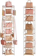 8-Tier Narrow Purse Organizer for Closet, Tall Vertical Purse Rack for Small Spaces, Corner Handbag Storage Display Shelf with Adjustable Fabric Shelves & 8 Hooks for Small & Medium Tote Bags, Bedroom