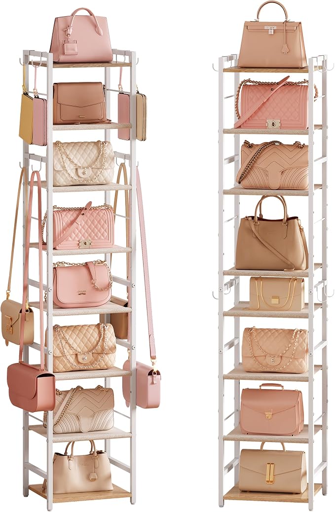 8-Tier Narrow Purse Organizer for Closet, Tall Vertical Purse Rack for Small Spaces, Corner Handbag Storage Display Shelf with Adjustable Fabric Shelves & 8 Hooks for Small & Medium Tote Bags, Bedroom