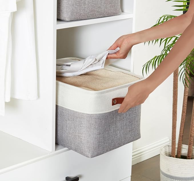 DECOMOMO Storage Bins, Large Fabric Storage Baskets for Shelves, Decorative Linen Closet Organizer, 15 x 11 x 9.5 inches (Grey & White, 4 Pack)