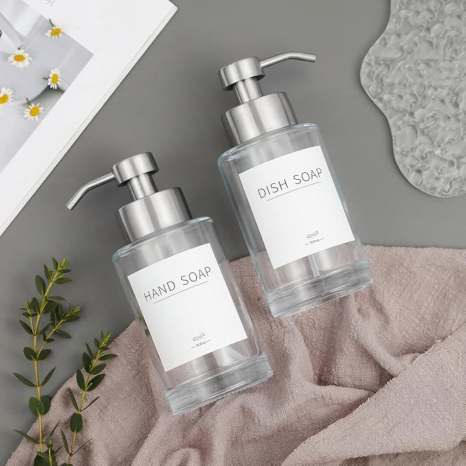 Foaming Soap Dispenser Set, 12 Oz Glass Hand Soap Dispenser with 304 Rust Proof Stainless Steel Pump, Waterproof Labels, for Bathroom Decor Kitchen College Dorm, Clear Silver Pump 2 Pack | Rust Proof Silver Pump, Sturdy, Clear Empty Foam Bottle with Wa...