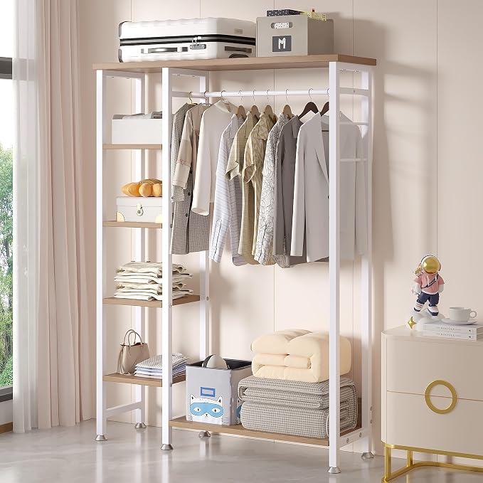 VECELO Open Garment Clothing Rack, Free-Standing Heavy Duty Storage Closet with 5 Shelves and Hanging Rod for Small Spaces, Max Load 350LBS, Nature White