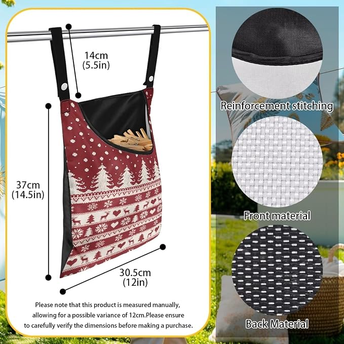 Red Fair Isle Reindeer Clothespin Bag Laundry Hanging Storage Organizer with Rope Clothespin Holder with an Extra Large Opening for Clothesline Outdoor Clothespins Storage with Hanger Hook