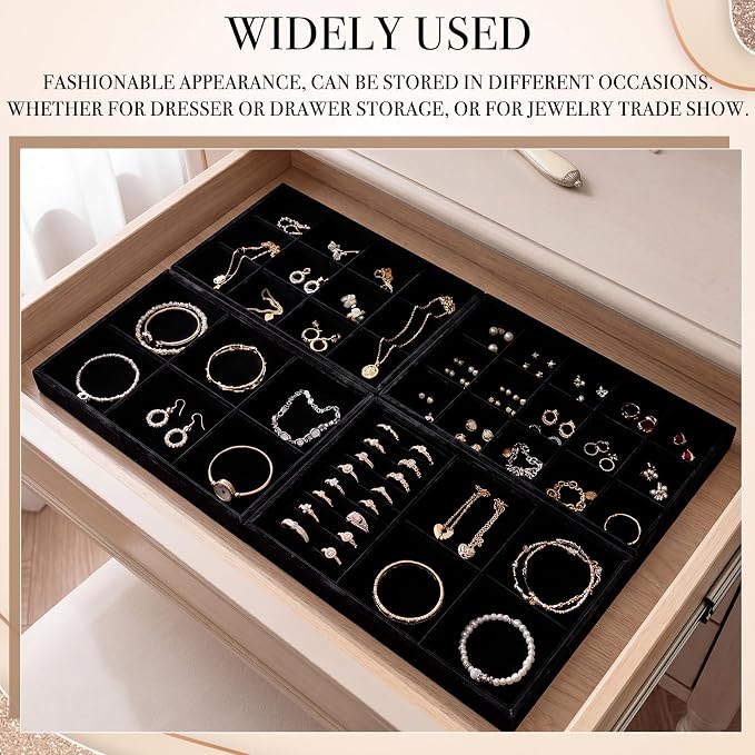 Unittype Set of 4 Stackable Jewelry Organizer Tray for Drawer Inserts Velvet Necklace Earring Bracelet Ring Holder Jewelry Display Storage Box for Bangle Stud Necklace Ring (Mixed Styles,Black)