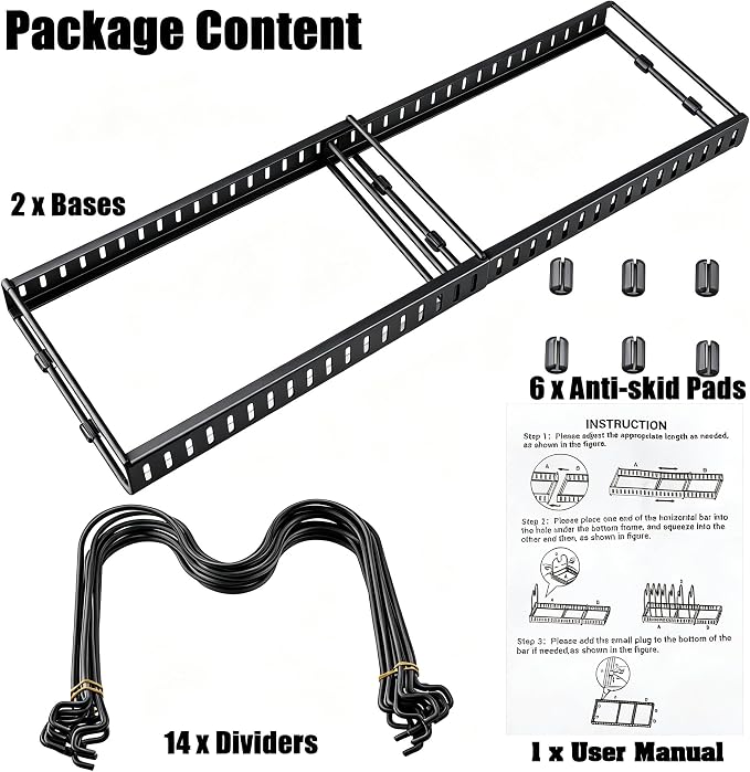 Expandable Pot and Pan Organizer for Cabinet, 14 Adjustable Dividers, Versatile Pan Holder Storage Rack, Extends from 12'' to 23'', Fits Cabinets, Countertops, or under Sink, Black, Iron